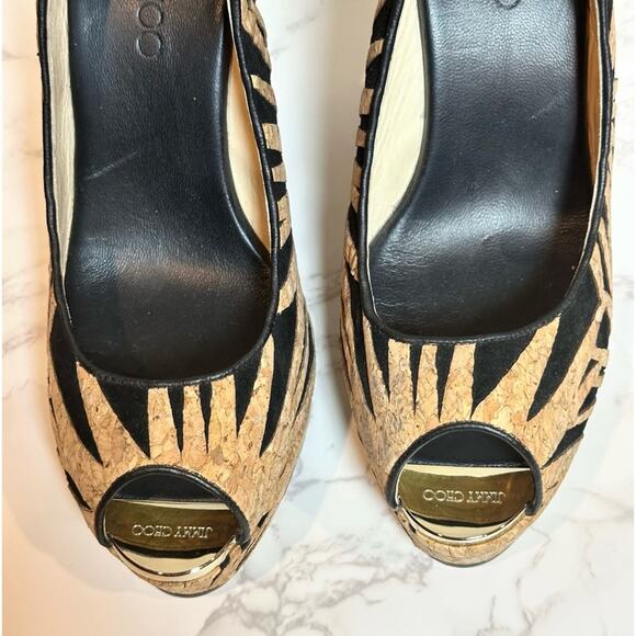 JIMMY CHOO Prova Black Laser-Cut Suede & Cork Wedge, 120mm SZ IT41 US10 $625 - Picture 11 of 12